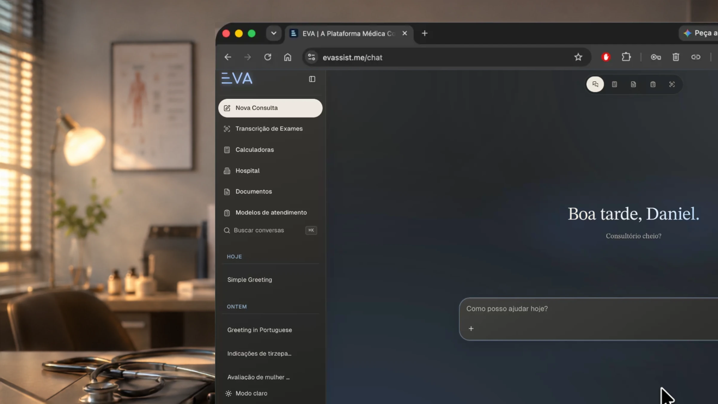 Tela da EVA aberta no assistente clínico, na tela de nova consulta em tons mist-sky